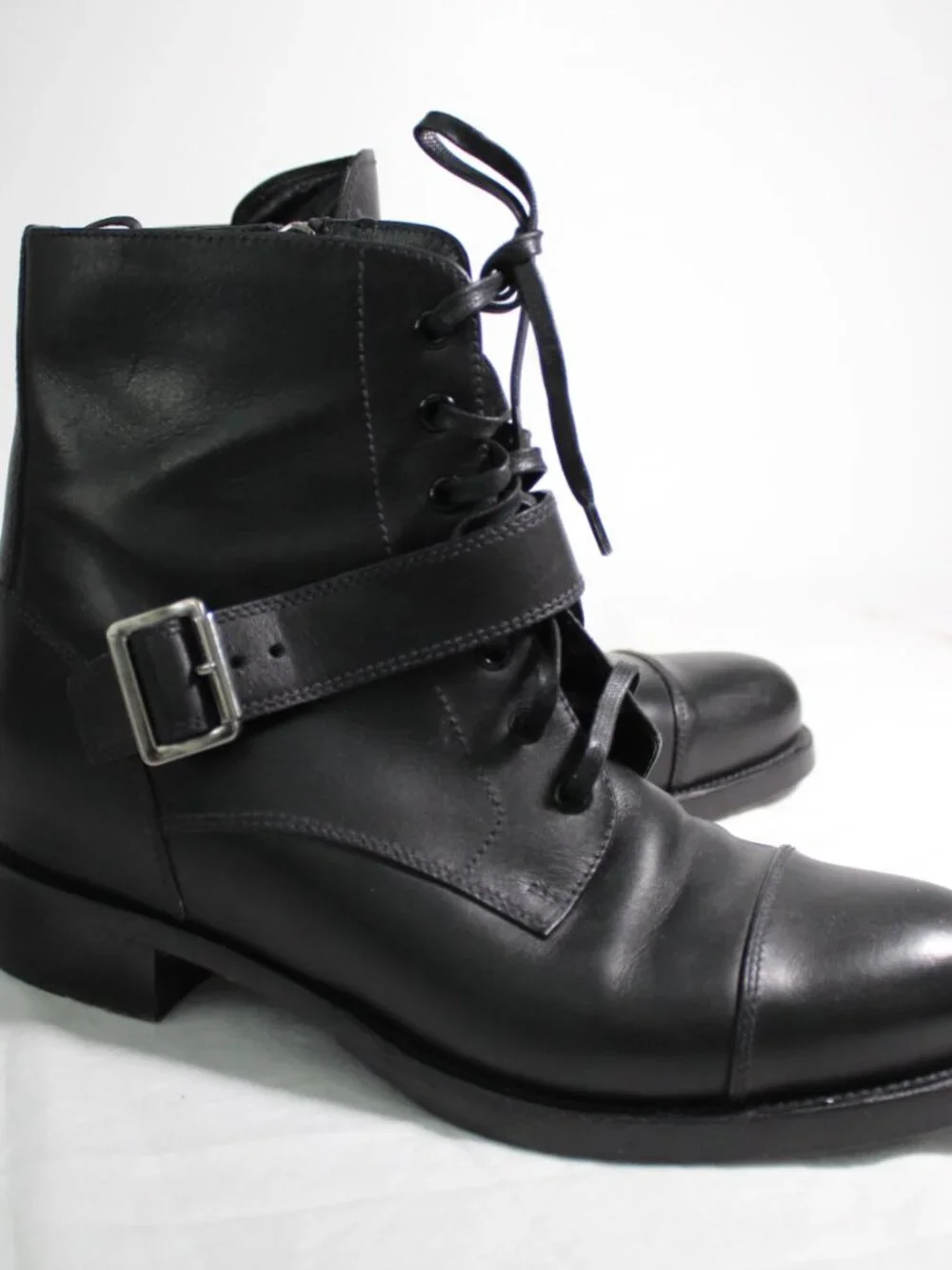 PRADA Black Leather Booties Side Zip Ankle Heel Boots Buckle Lace Up 40